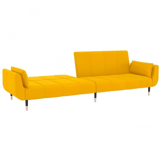 Dvivietė sofa-lova su dvejomis pagalvėmis, geltona, aksomas