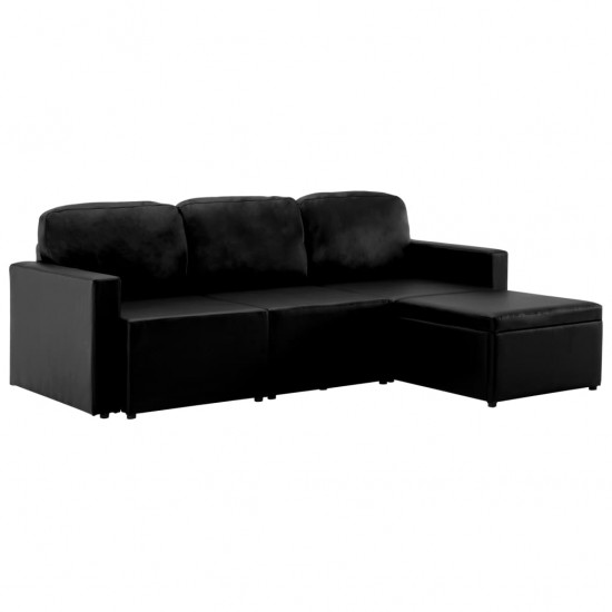 Trivietė sofa-lova, juodos spalvos, dirbtinė oda, modulinė