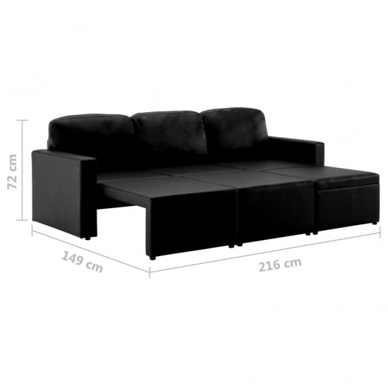 Trivietė sofa-lova, juodos spalvos, dirbtinė oda, modulinė