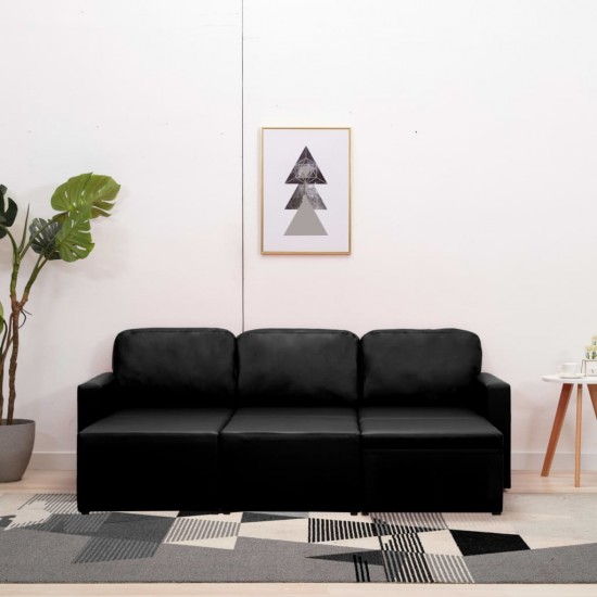 Trivietė sofa-lova, juodos spalvos, dirbtinė oda, modulinė