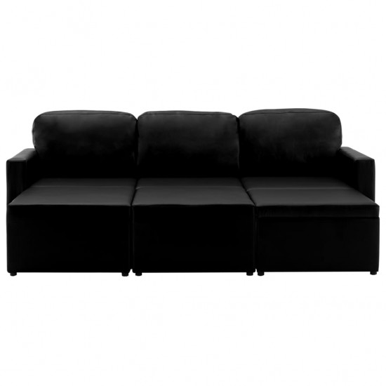 Trivietė sofa-lova, juodos spalvos, dirbtinė oda, modulinė