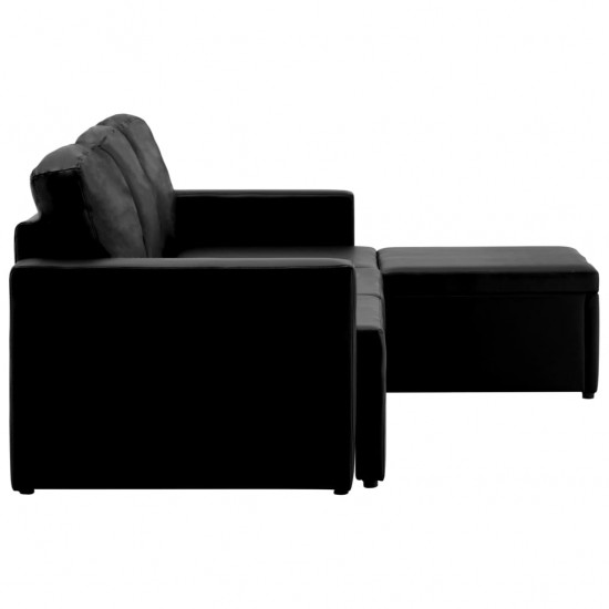 Trivietė sofa-lova, juodos spalvos, dirbtinė oda, modulinė