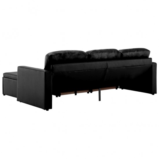 Trivietė sofa-lova, juodos spalvos, dirbtinė oda, modulinė