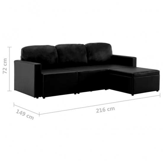 Trivietė sofa-lova, juodos spalvos, dirbtinė oda, modulinė