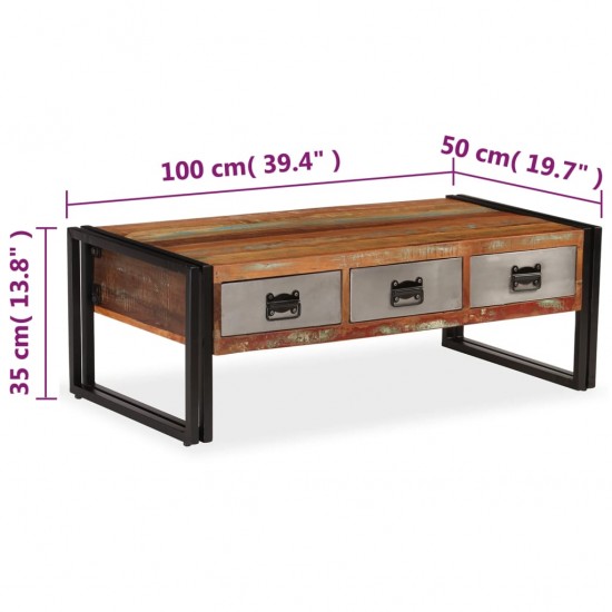 Kavos staliukas su 3 stalčiais, perdirbta mediena, 100x50x35 cm