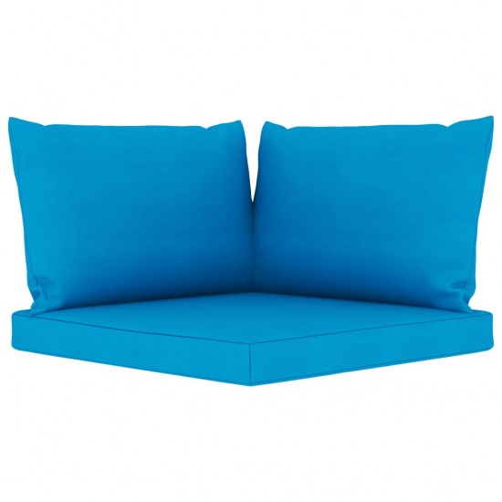 Trivietė sodo sofa iš palečių su mėlynomis pagalvėlėmis, pušis