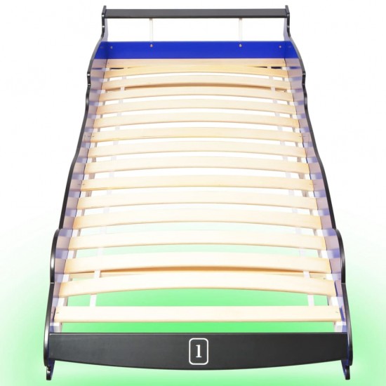 Vaikiška LED lova lenktyninė mašina, mėlyna, 90x200 cm