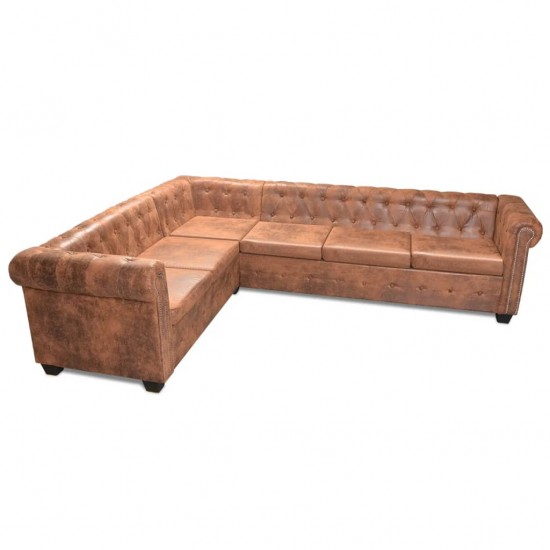 Chesterfield kampinė šešiavietė sofa, dirbtinė oda, ruda