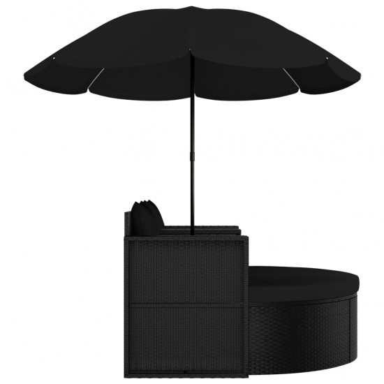 Sodo gultas su skėčiu, juodos spalvos, poliratanas