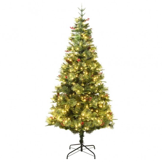 Kalėdų eglutė su LED/kankorėžiais, žalia, 225cm, PVC ir PE