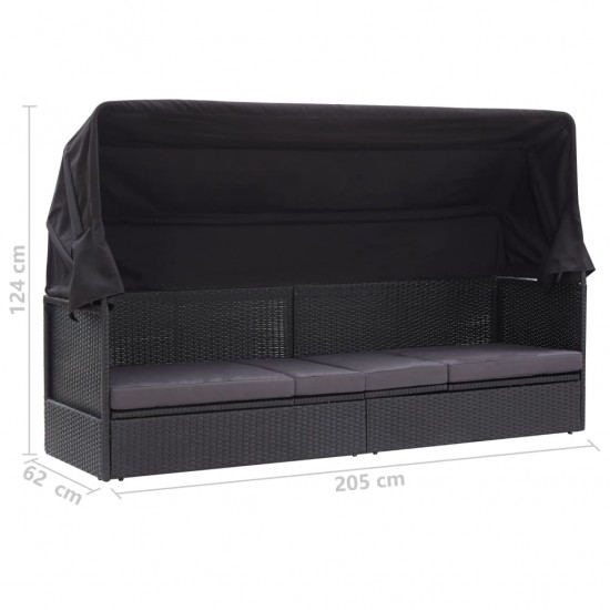Lauko sofa-lova su stogeliu, juodos spalvos, poliratanas