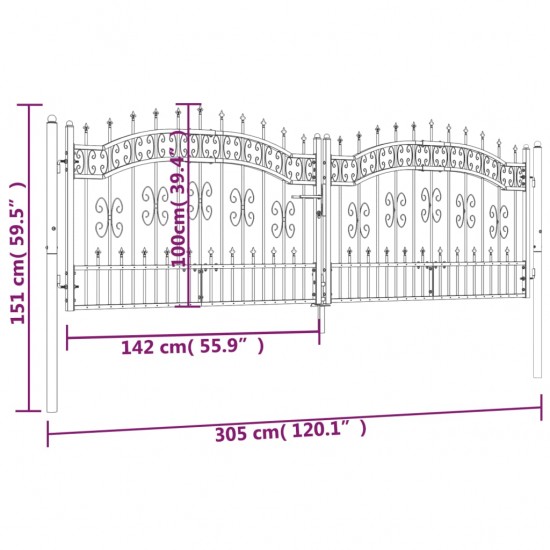 Vartai su smailiomis viršūnėmis, juodi, 305x151cm, plienas
