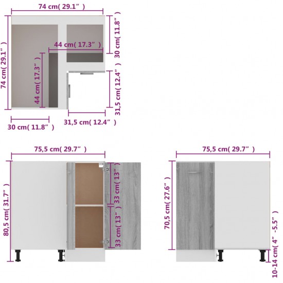 Virtuvės spintelė, pilka ąžuolo, 75,5x75,5x80,5cm, mediena