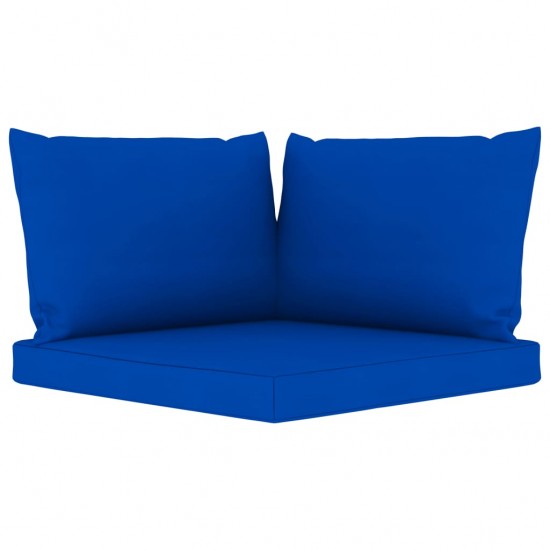 Trivietė sodo sofa iš palečių su mėlynomis pagalvėlėmis, pušis
