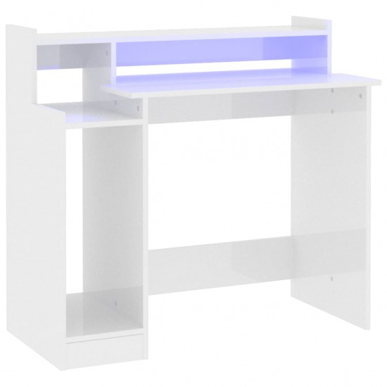 Rašomasis stalas su LED, baltas, 97x45x90cm, mediena, blizgus