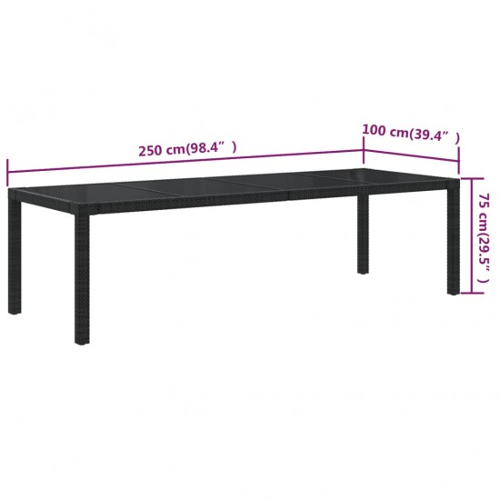 Sodo stalas, juodas, 250x100x75cm, stiklas ir poliratanas