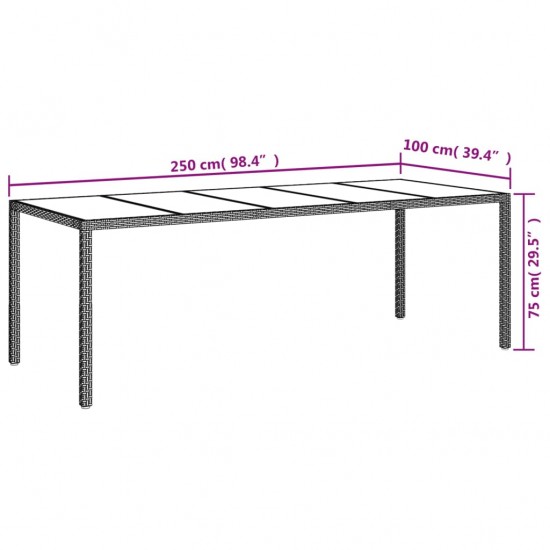 Sodo stalas, juodas, 250x100x75cm, stiklas ir poliratanas