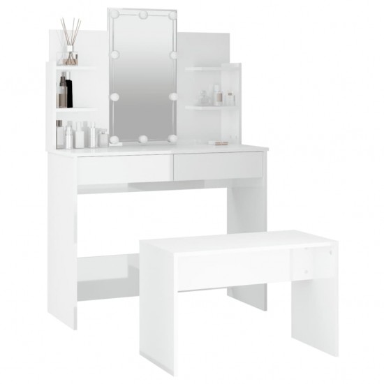 Kosmetinio staliuko komplektas su LED, baltas, mediena, blizgus
