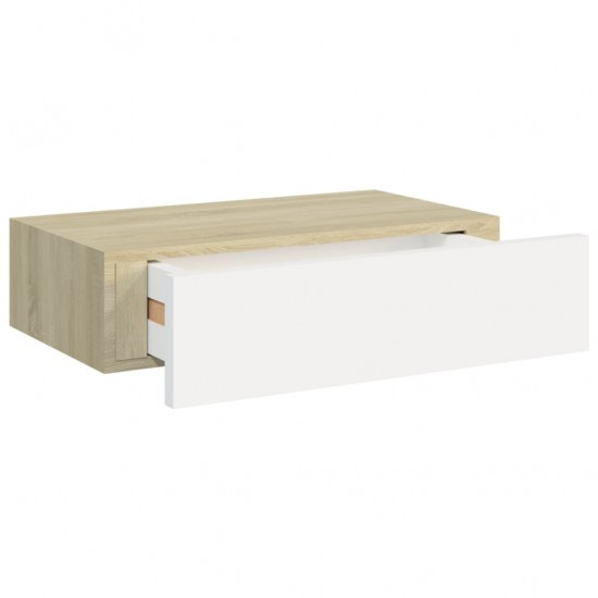 Sieninė lentyna su stalčiumi, ąžuolo/balta, 40x23,5x10cm, MDF
