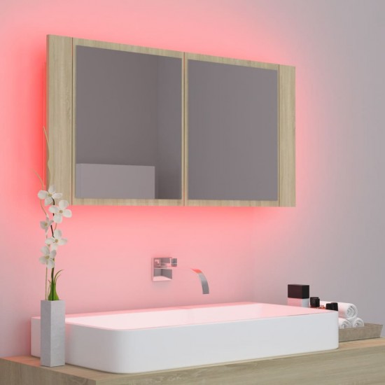 Veidrodinė vonios spintelė su LED, ąžuolo, 90x12x45cm, akrilas