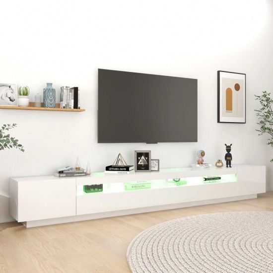 TV spintelė su LED apšvietimu, balta, 300x35x40cm, blizgi