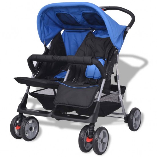 Vaikiškas vežimėlis dvynukams, mėlynas ir juodas, plienas