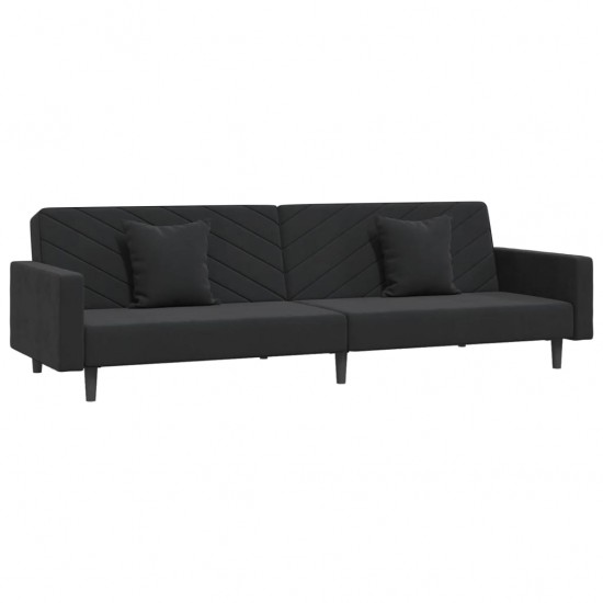 Dvivietė sofa-lova su dvejomis pagalvėmis, juoda, aksomas