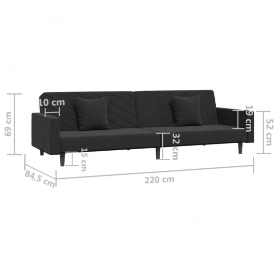 Dvivietė sofa-lova su dvejomis pagalvėmis, juoda, aksomas