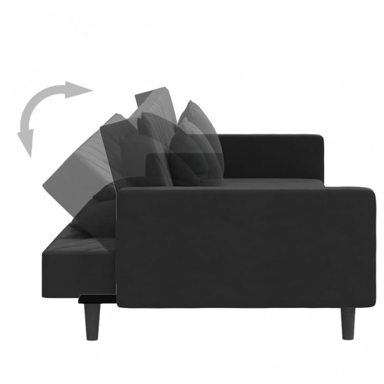 Dvivietė sofa-lova su dvejomis pagalvėmis, juoda, aksomas