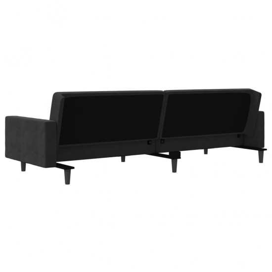 Dvivietė sofa-lova su dvejomis pagalvėmis, juoda, aksomas