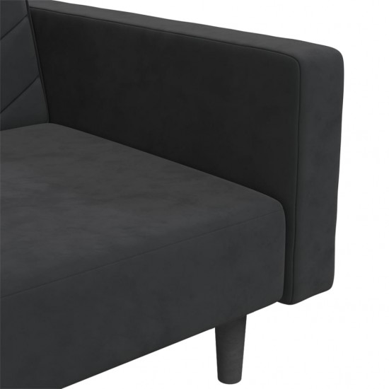 Dvivietė sofa-lova su dvejomis pagalvėmis, juoda, aksomas