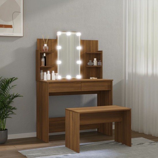 Kosmetinio staliuko komplektas su LED, rudas ąžuolo, mediena