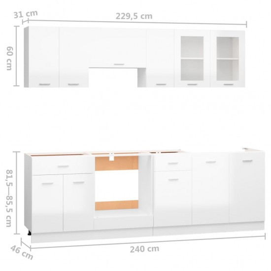 Virtuvės spintelių komplektas, 8 dalių, baltas, MDP, blizgus