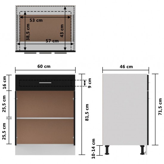 Apatinė spintelė su stalčiumi, juoda, 60x46x81,5cm, MDP