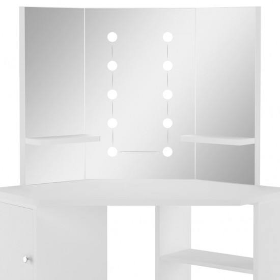 Kampinis kosmetinis staliukas su LED lemputėmis, baltos spalvos