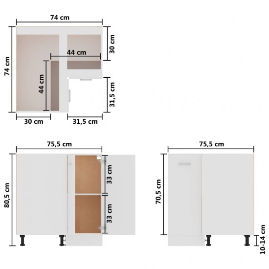 Apatinė kampinė spintelė, balta, 75,5x75,5x80,5cm, MDP