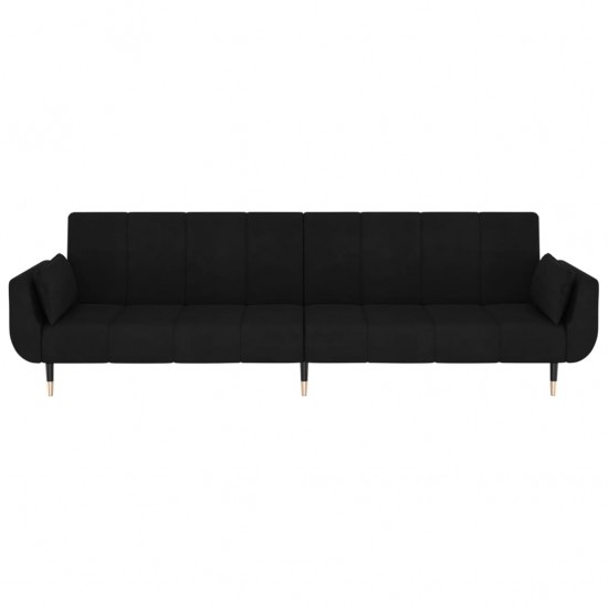 Dvivietė sofa-lova su dvejomis pagalvėmis, juoda, aksomas