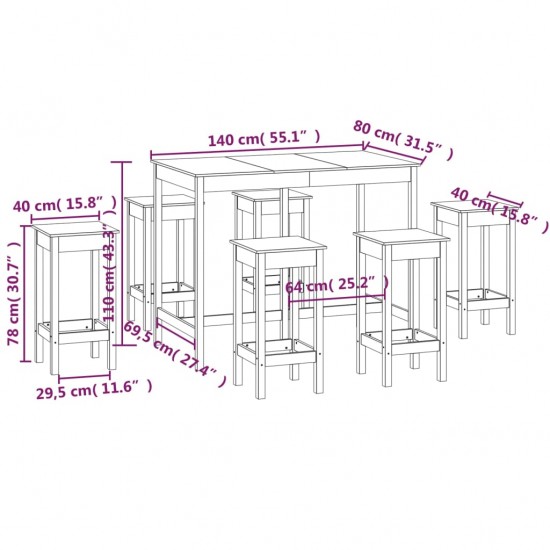 Baro baldų komplektas, 7 dalių, juodas, pušies medienos masyvas