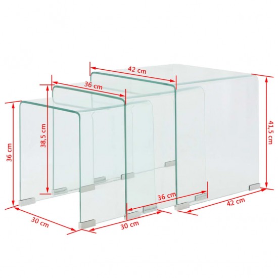 3 d. sustumiamų staliukų kompl., grūdintas stiklas, skaidrus