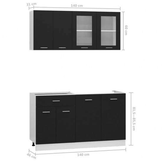 Virtuvės spintelių komplektas, 4d., juodos spalvos, fanera