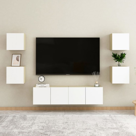 Sieninės TV spintelės, 4vnt., baltos/ąžuolo, 30,5x30x30cm