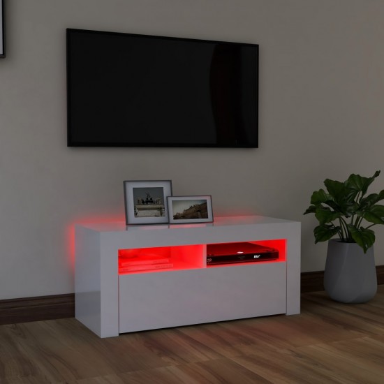 TV spintelė su LED apšvietimu, balta, 90x35x40cm, blizgi