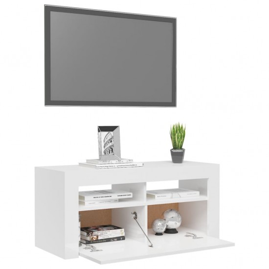 TV spintelė su LED apšvietimu, balta, 90x35x40cm, blizgi