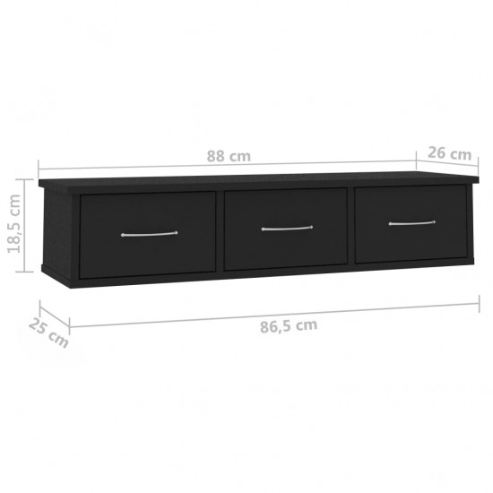 Sieninė lentyna su stalčiais, juoda, 88x26x18,5cm, MDP