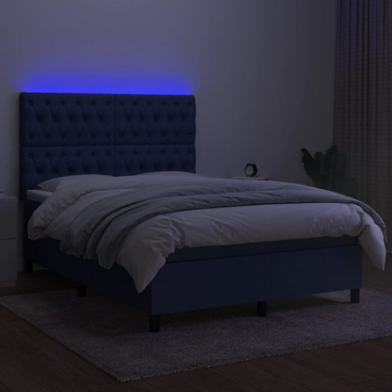 Lova su spyruoklėmis/čiužiniu/LED, mėlyna, 140x200 cm, audinys