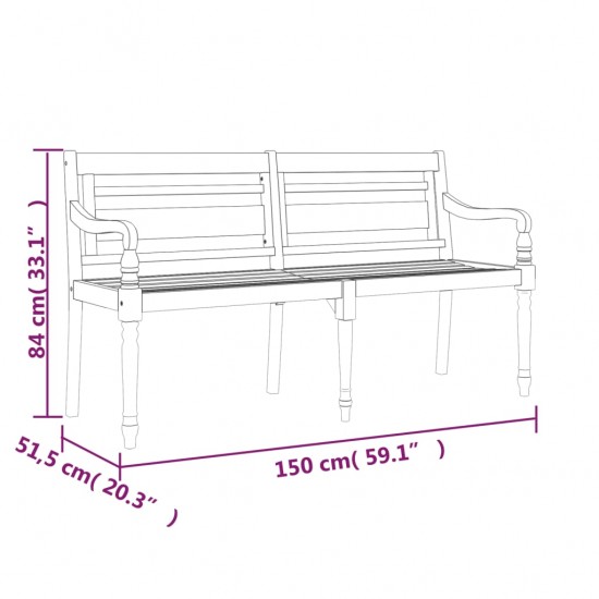 Batavia suoliukas su pilka pagalvėle, 150cm, tikmedžio mediena