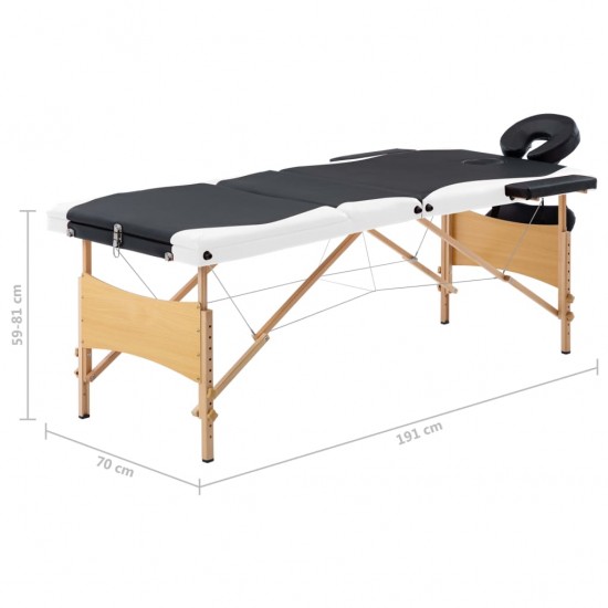 Sulankstomas masažo stalas, juodas ir baltas, mediena, 3 zonų