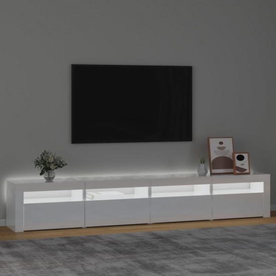 TV spintelė su LED apšvietimu, balta, 240x35x40cm, blizgi