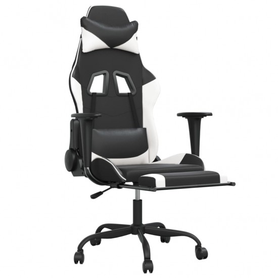 Masažinė žaidimų kėdė su pakoja, juoda ir balta, dirbtinė oda