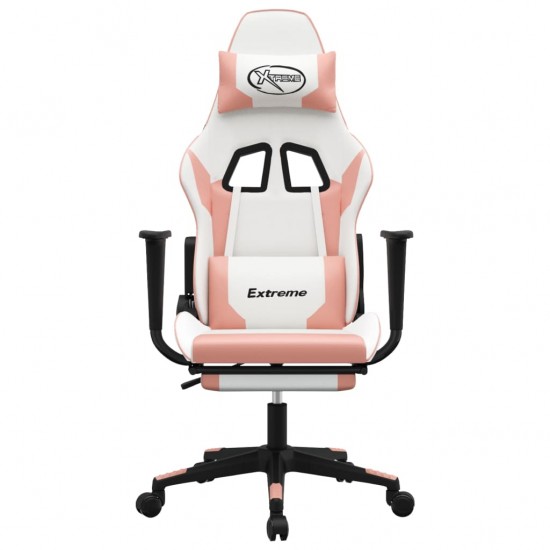 Masažinė žaidimų kėdė su pakoja, balta ir rožinė, dirbtinė oda